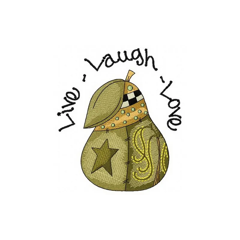 Live Laugh Love embroidery design featuring vibrant fruits and vegetables, perfect for creative projects.