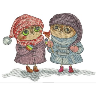 Owls in coats embroidery design - Embroidery Design