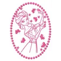 Elsa from Frozen surrounded by colorful butterflies embroidery design for creative stitching projects.