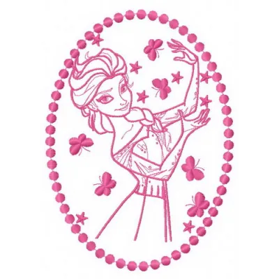 Elsa from Frozen surrounded by colorful butterflies embroidery design for creative stitching projects.