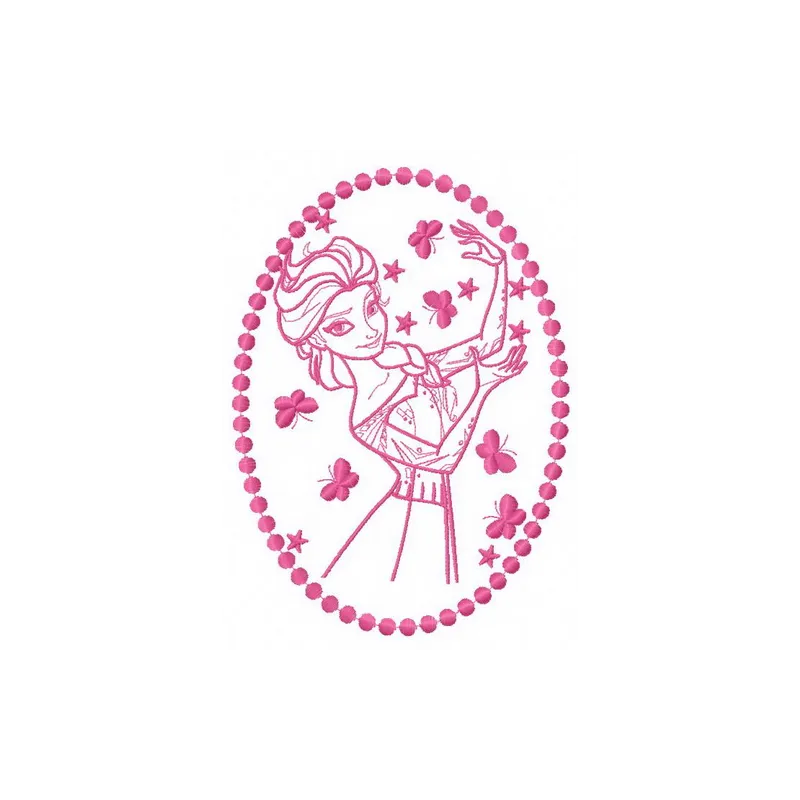 Elsa from Frozen surrounded by colorful butterflies embroidery design for creative stitching projects.