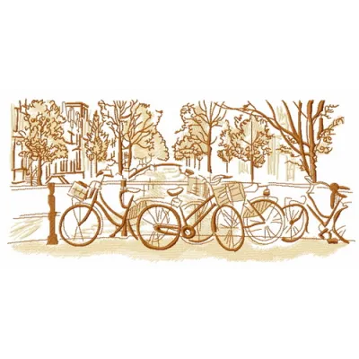 Bicycle city trip embroidery design featuring a scenic urban landscape perfect for tote bags and hoodies.