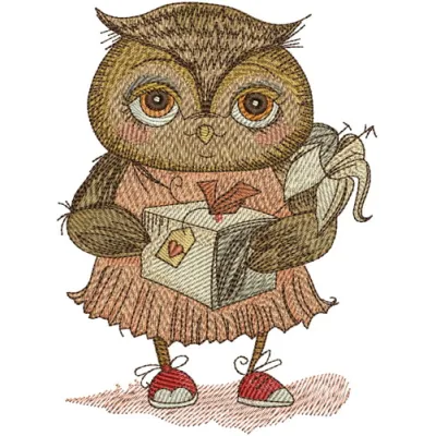 Owl with gift embroidery design, showcasing a whimsical owl holding a present, perfect for creative stitching projects.