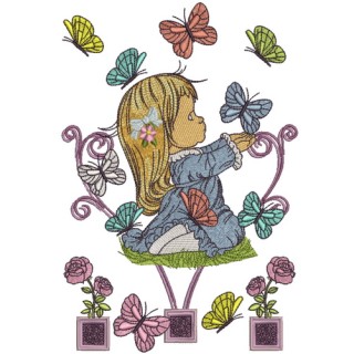 Cute girl playing with butterflies 2 embroidery design - Embroidery Design