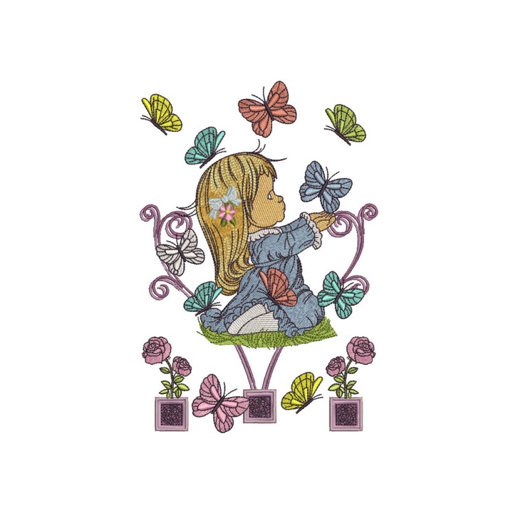 Cute girl playing with butterflies 2 embroidery design - Embroidery Design