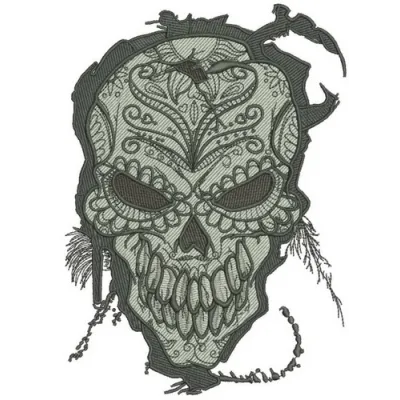 Gray skull embroidery design showcasing intricate stitching patterns for creative projects like t-shirts and hoodies.