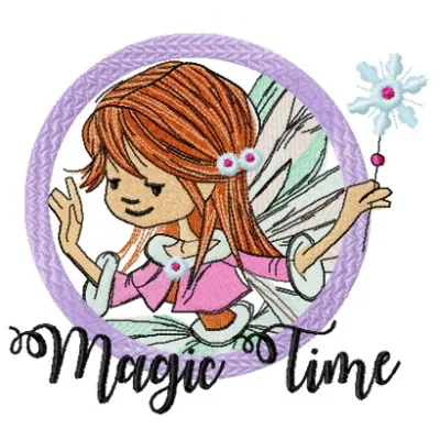 Magic time embroidery design featuring whimsical fairies, ideal for embellishing t-shirts, tote bags, and more.