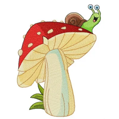 Snail on mushroom embroidery design featuring a whimsical reptile motif, perfect for unique projects.