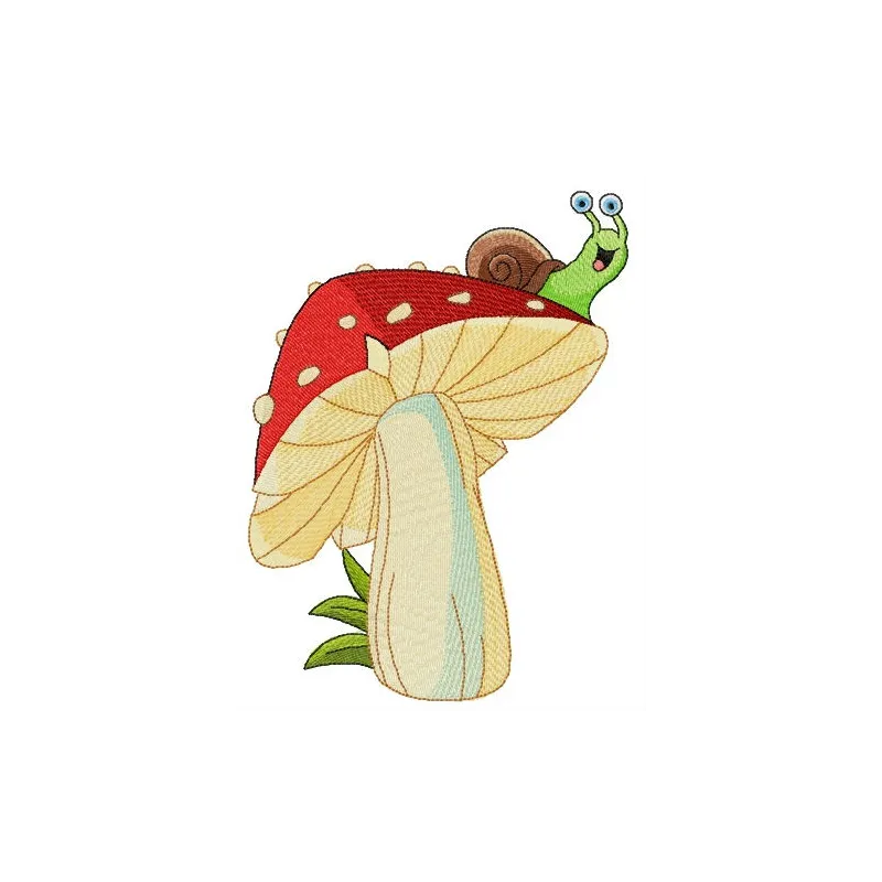Snail on mushroom embroidery design featuring a whimsical reptile motif, perfect for unique projects.