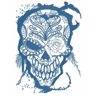 Preview of an embroidery design featuring a skull intertwined with a rose, ideal for creative stitching projects.
