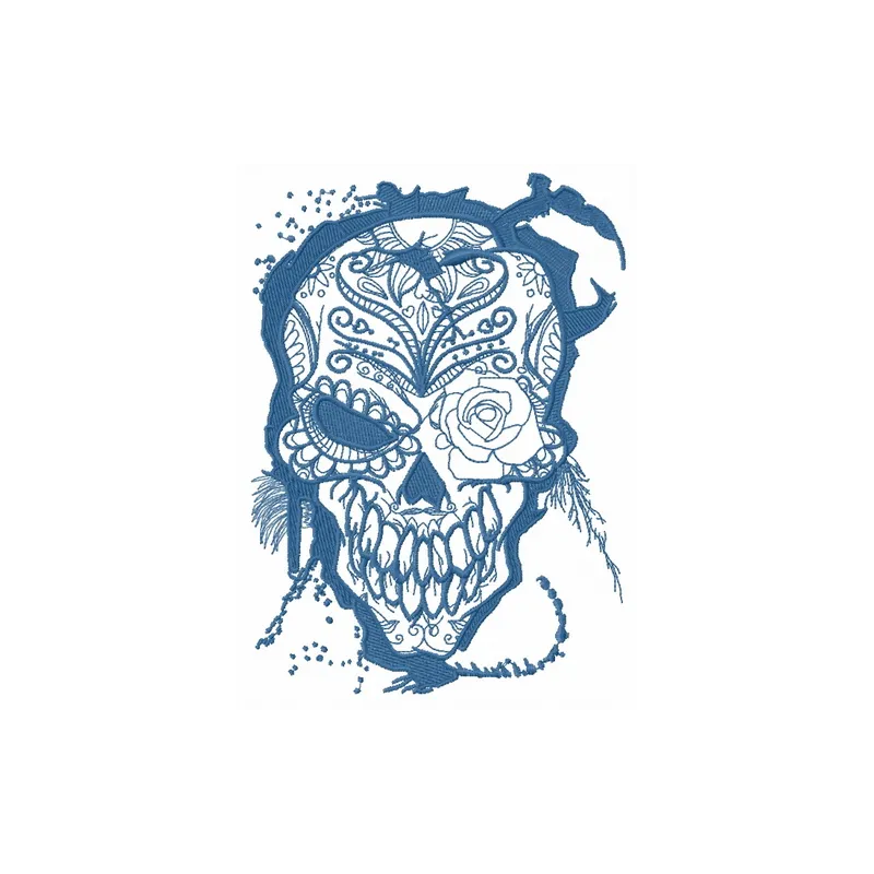 Preview of an embroidery design featuring a skull intertwined with a rose, ideal for creative stitching projects.