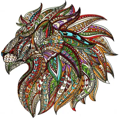 Mosaic lion embroidery design showcasing vibrant geometric patterns for creative stitching on various fabrics.