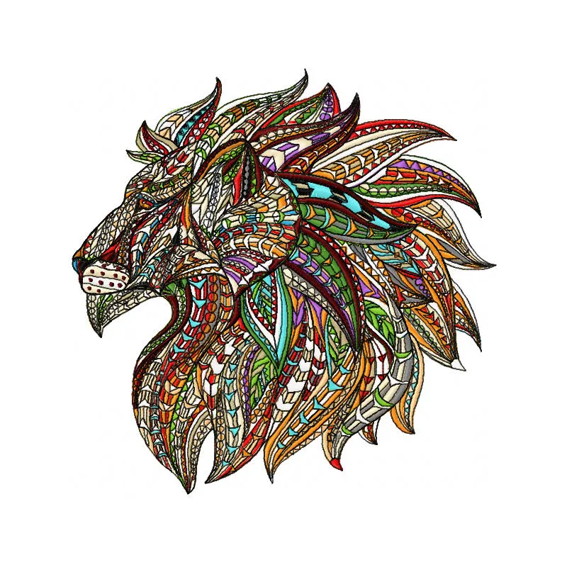 Mosaic lion embroidery design showcasing vibrant geometric patterns for creative stitching on various fabrics.