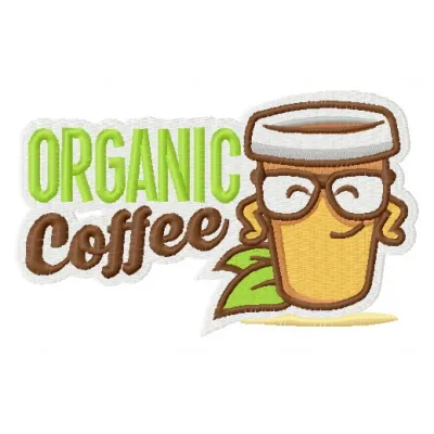 Organic coffee embroidery design featuring a stylish coffee cup and beans, perfect for tote bags and kitchen decor.