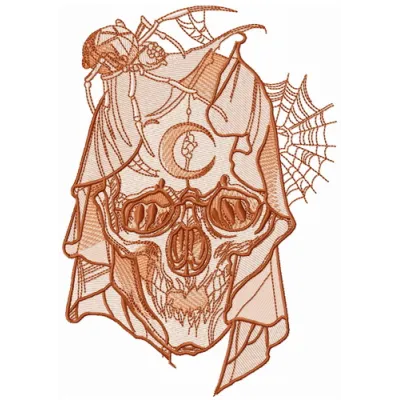 Preview of a unique dead bride embroidery design featuring skull motifs, ideal for adding a spooky touch to your projects.