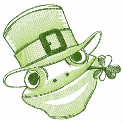 Friendly green frog embroidery design featuring a cheerful frog motif, perfect for embellishing t-shirts and tote bags.
