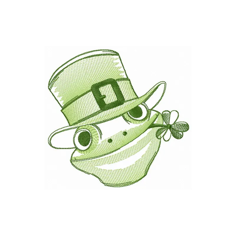 Friendly green frog embroidery design featuring a cheerful frog motif, perfect for embellishing t-shirts and tote bags.