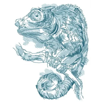 Blue lizard on tree branch embroidery design featuring intricate details, ideal for stitching on apparel and accessories.