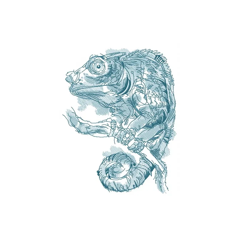 Blue lizard on tree branch embroidery design featuring intricate details, ideal for stitching on apparel and accessories.