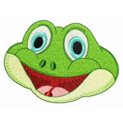 Happy frog embroidery design showcasing a cheerful frog motif, ideal for stitching on t-shirts or tote bags.