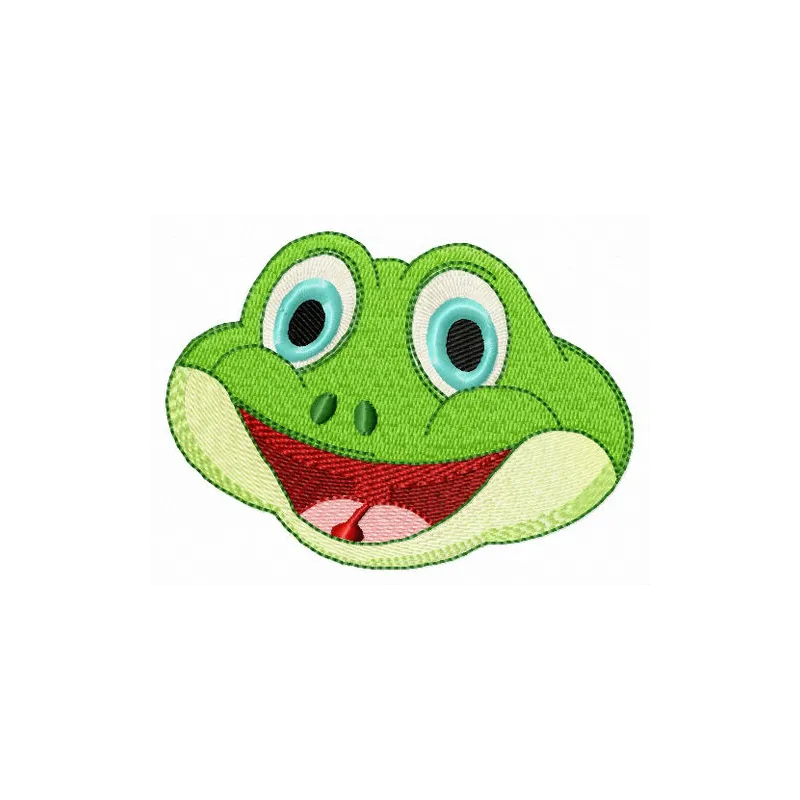 Happy frog embroidery design showcasing a cheerful frog motif, ideal for stitching on t-shirts or tote bags.