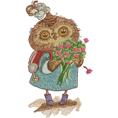 Owl with bouquet embroidery design showcasing a charming owl holding a colorful bouquet of flowers.
