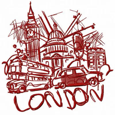 London 9 embroidery design showcasing iconic elements of England, perfect for stitching on apparel and home decor.
