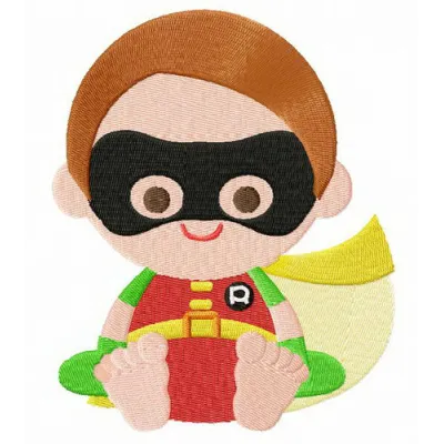 Toddler Robin embroidery design featuring a playful superhero motif for stitching on kids' apparel.