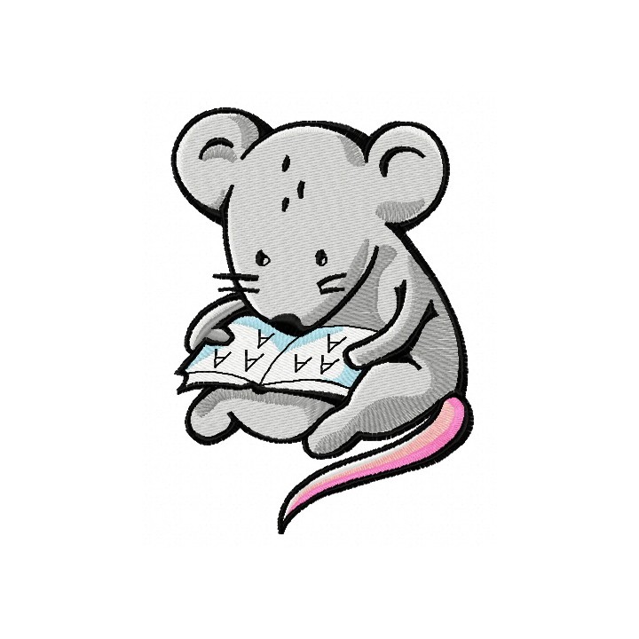 Tiny mouse reading embroidery design - Embroidery Design