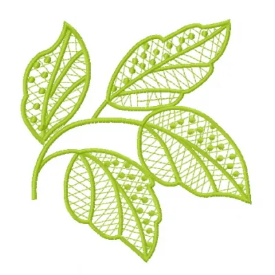 Lace leaves embroidery design preview showcasing intricate free-standing lace and decorative stitching patterns.