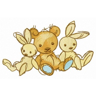 Two bunnies and teddy bear embroidery design - Embroidery Design
