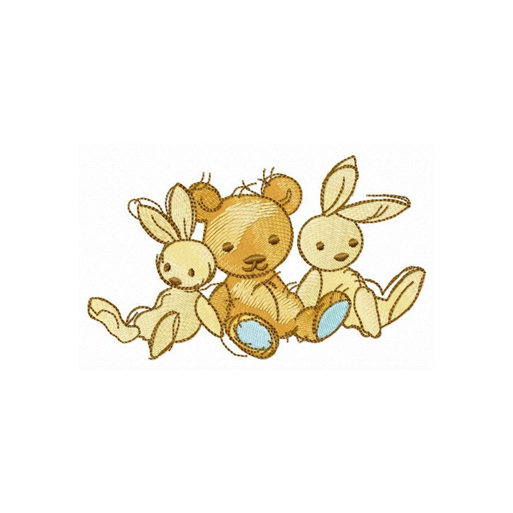 Two bunnies and teddy bear embroidery design - Embroidery Design