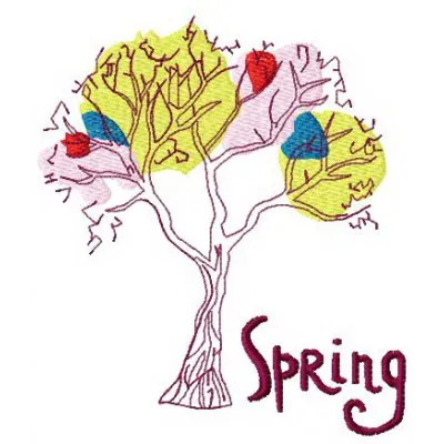 Spring tree embroidery design showcasing vibrant blossoms, ideal for embellishing t-shirts and tote bags.