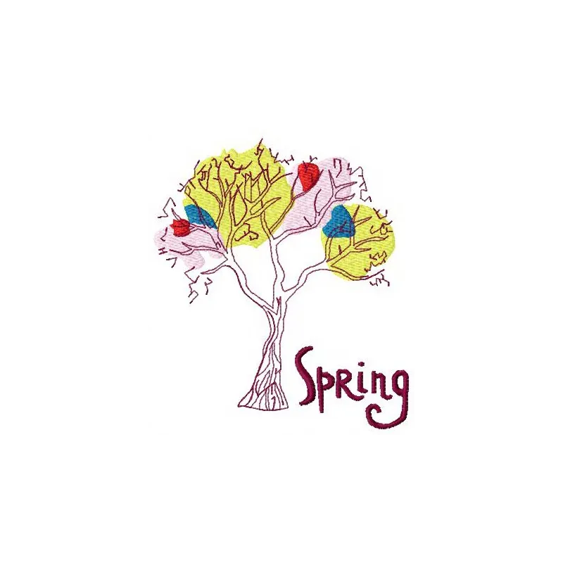 Spring tree embroidery design showcasing vibrant blossoms, ideal for embellishing t-shirts and tote bags.