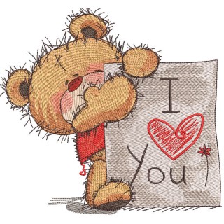 Teddy bear with I LOVE YOU board embroidery design - Embroidery Design