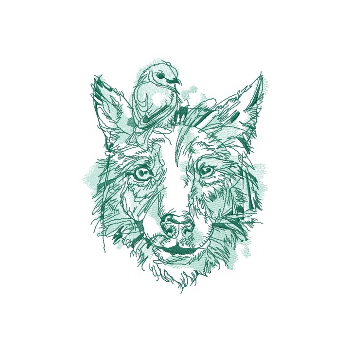 Dog with bird on head embroidery design - Embroidery Design