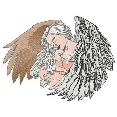 Embroidery design featuring an angel with a newborn, ideal for blankets and baby onesies.