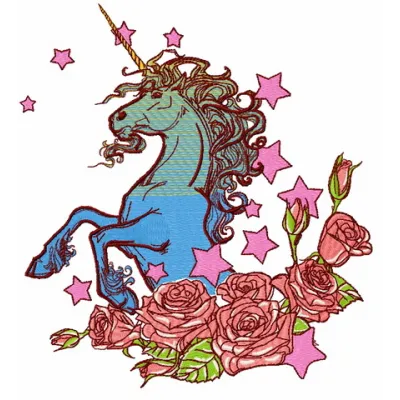 Moonlight unicorn 3 embroidery design showcasing a magical unicorn surrounded by stars and a crescent moon.