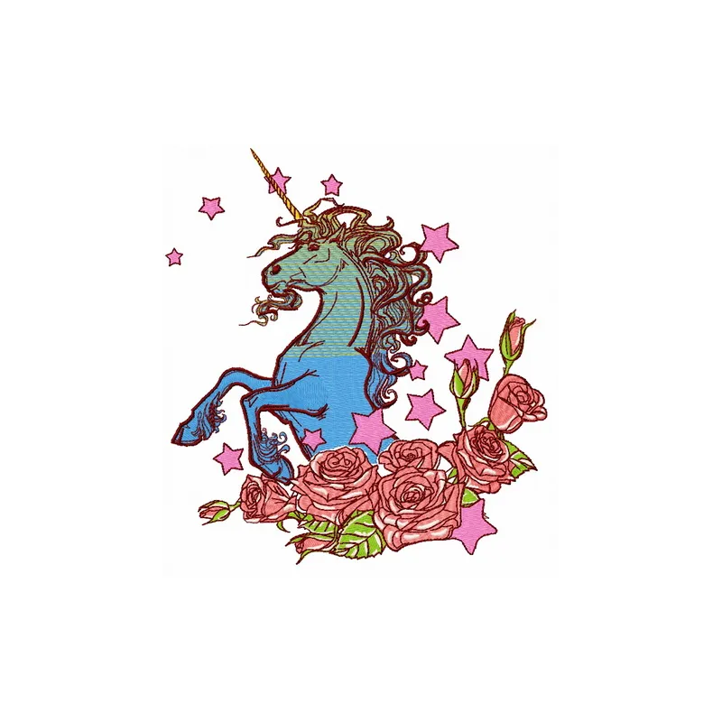 Moonlight unicorn 3 embroidery design showcasing a magical unicorn surrounded by stars and a crescent moon.