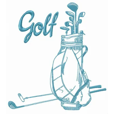 Golf equipment embroidery design showcasing various golf items on a stitched pattern for creative projects.