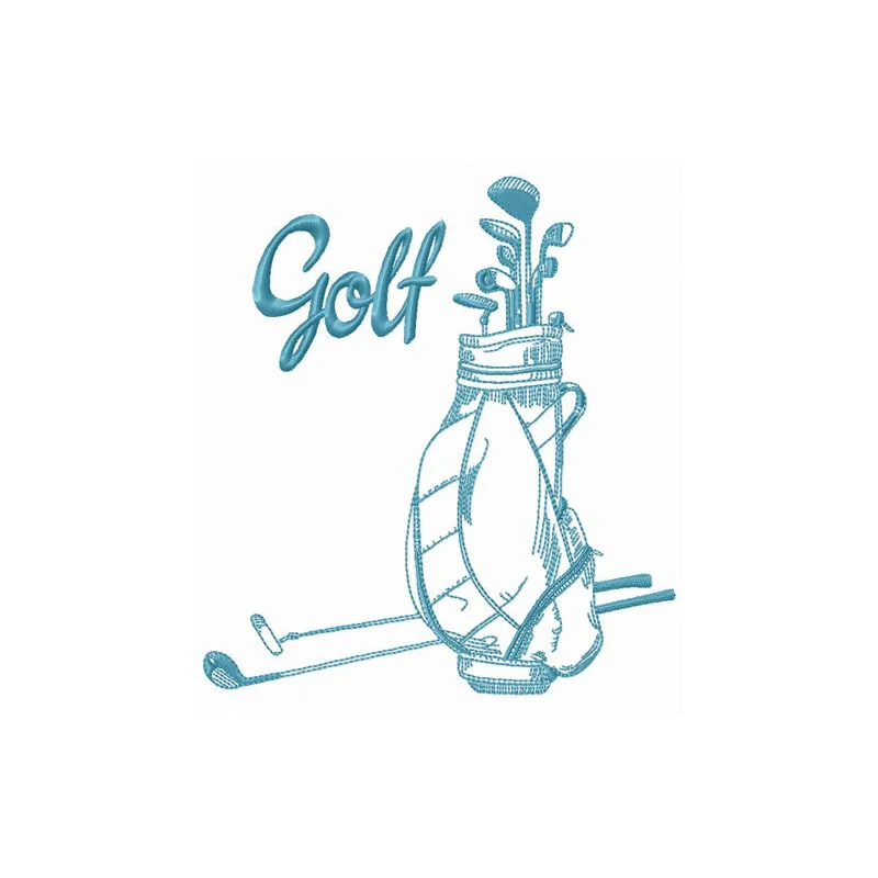 Golf equipment embroidery design showcasing various golf items on a stitched pattern for creative projects.