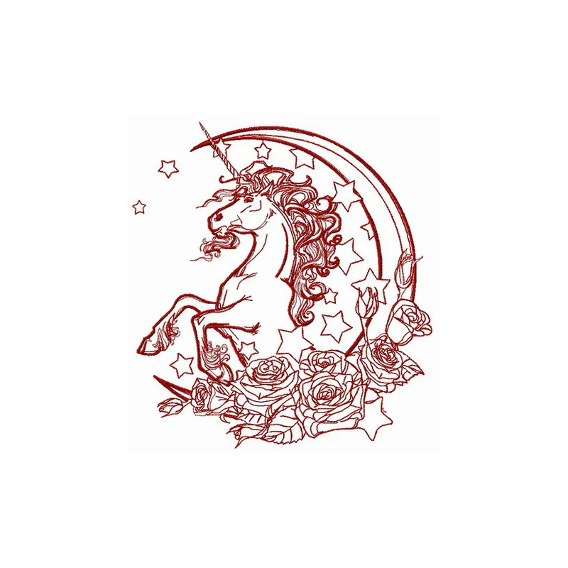 Moonlight unicorn 2 embroidery design preview showcasing a whimsical unicorn in a starry night background.