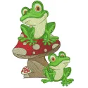Preview of the Frog Friends embroidery design featuring playful frogs, perfect for embellishing t-shirts and tote bags.