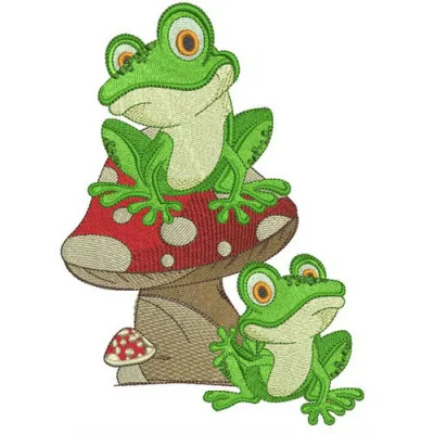 Preview of the Frog Friends embroidery design featuring playful frogs, perfect for embellishing t-shirts and tote bags.