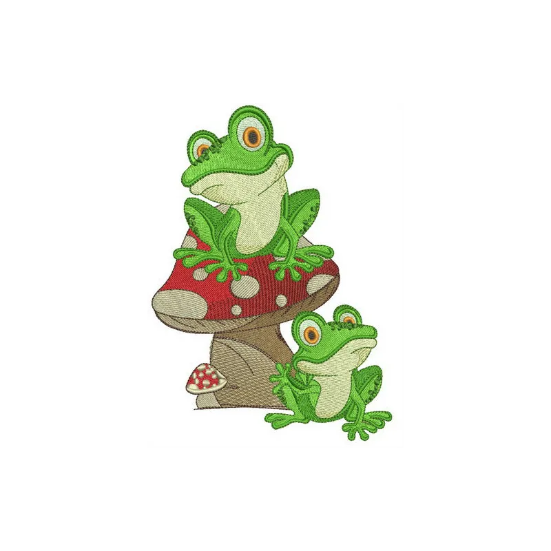 Preview of the Frog Friends embroidery design featuring playful frogs, perfect for embellishing t-shirts and tote bags.