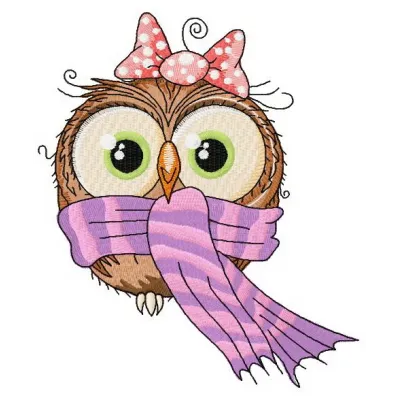 Owl in warm scarf embroidery design showcasing a whimsical owl wearing a cozy scarf, perfect for various stitching projects.