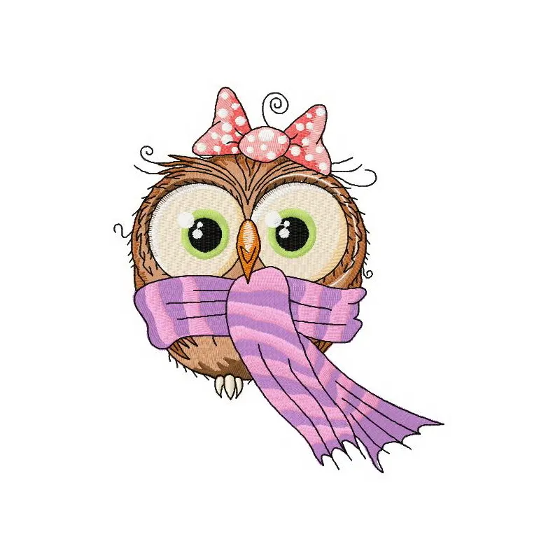 Owl in warm scarf embroidery design showcasing a whimsical owl wearing a cozy scarf, perfect for various stitching projects.