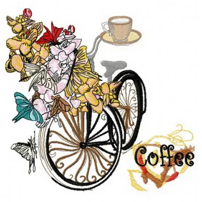 Spring bicycle embroidery design featuring vibrant flowers, perfect for stitching on t-shirts and tote bags.