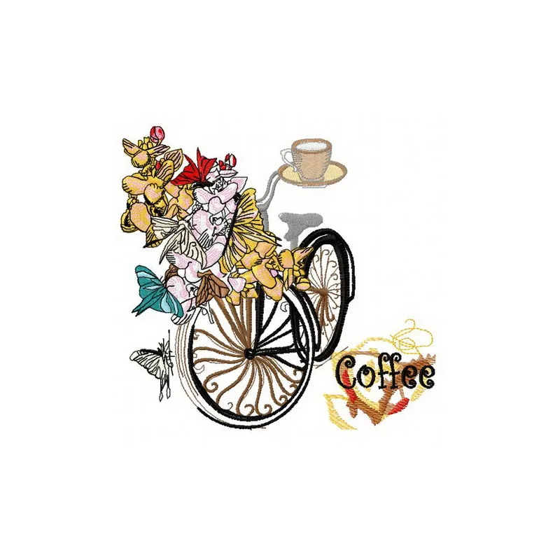 Spring bicycle embroidery design featuring vibrant flowers, perfect for stitching on t-shirts and tote bags.