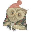 Granny owl's coffee embroidery design featuring a whimsical owl holding a coffee cup, perfect for cozy creations.